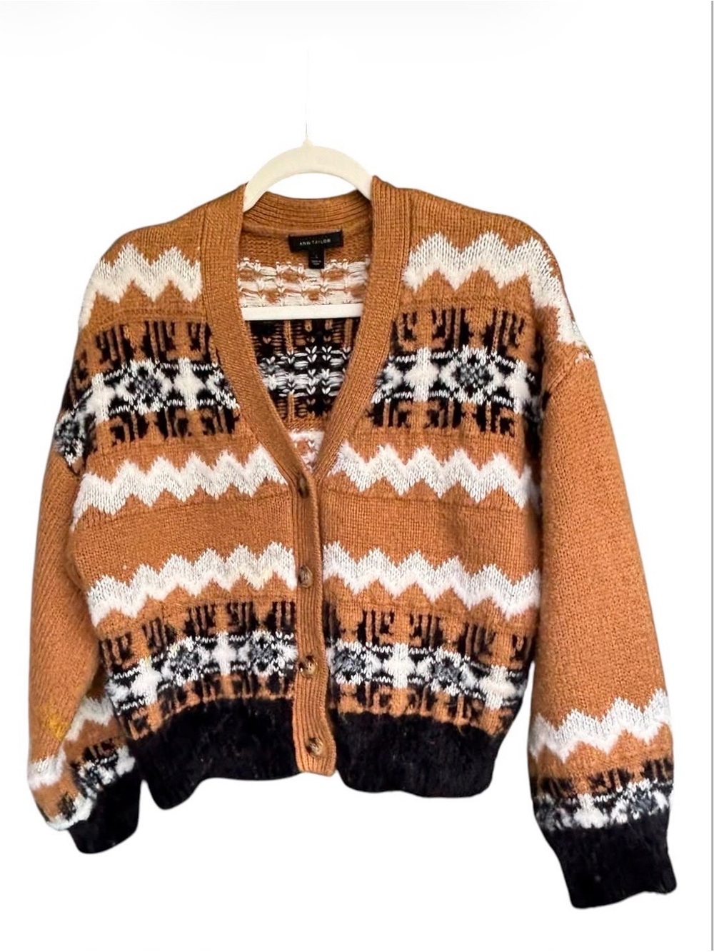 Ann Taylor Womens L Brown Fair Isle Cropped Cardigan Sweater Button Front Fuzzy